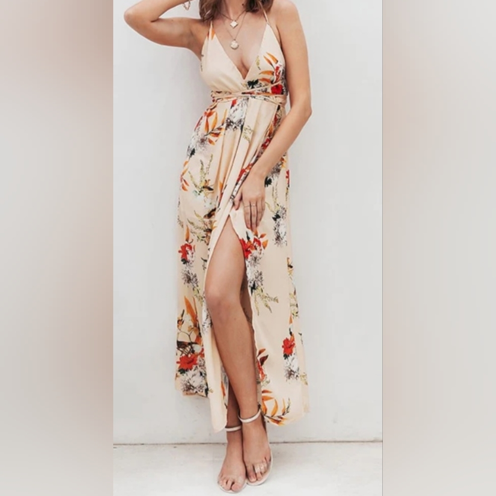 Simplee Backless Boho Floral Print Maxi Dress
